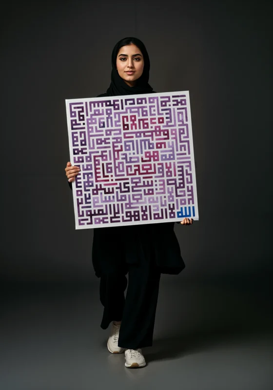 Ayat Al-Kursi Square Kufic Arabic calligraphy canvas print with watercolor effect.