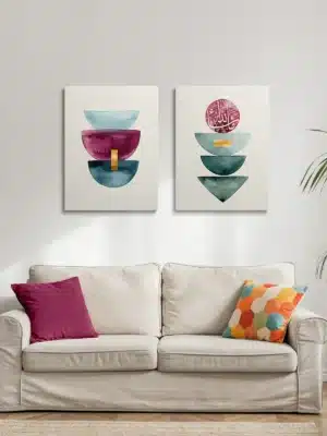 Modern Islamic minimalist wall art set with Thuluth calligraphy and abstract forms, Modern Islamic Minimalist Wall Art in UAE